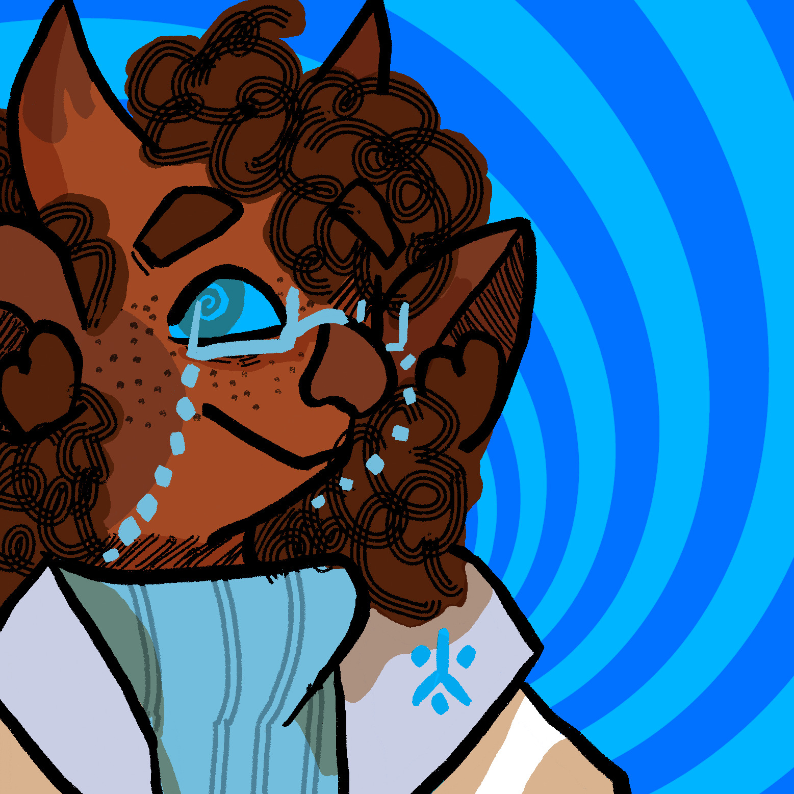 A cropped drawing of Jasper, a brown-furred mevya with chin-length curly hair, short horns, and bright blue eyes. He has a creepy forced-looking smile on her face